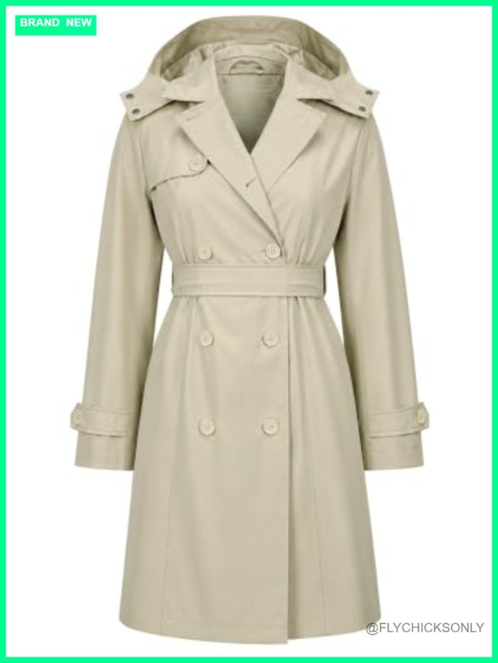 ATLASLAVA Women's Trench Coat Double Breasted Detachable Hood Belted Mid Length